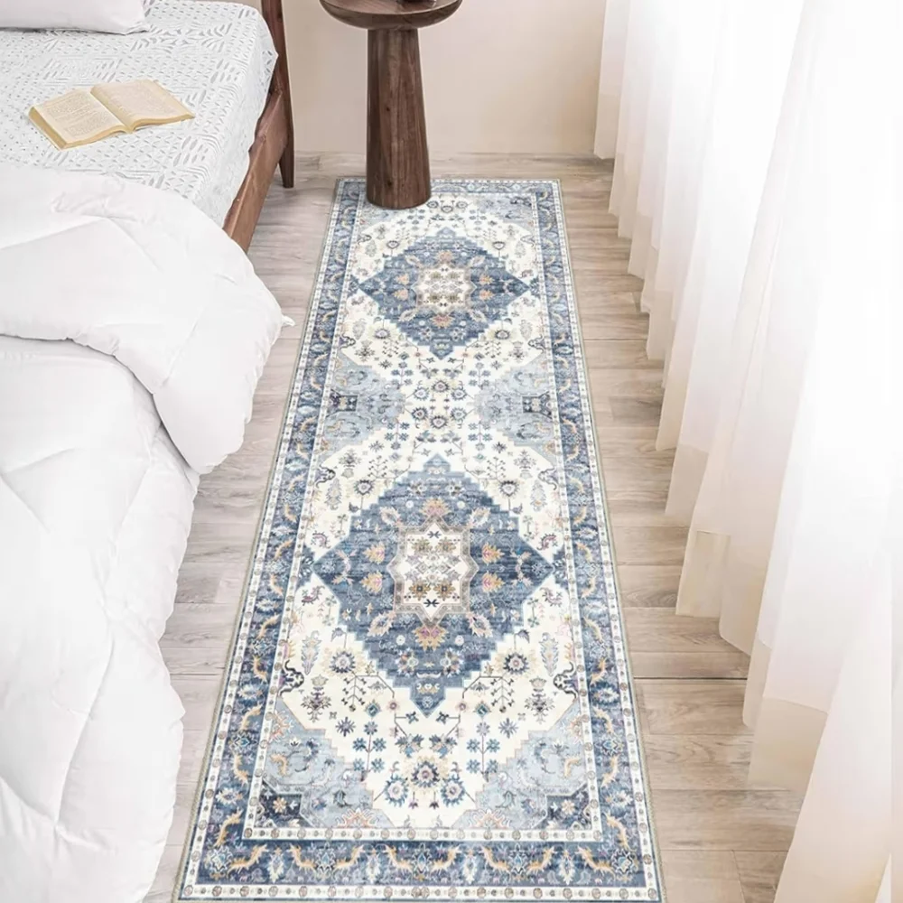 NWT 2'x6' Boho Rug Runner Non-Slip Machine Washable In Blue/Cream/Beige/Gray